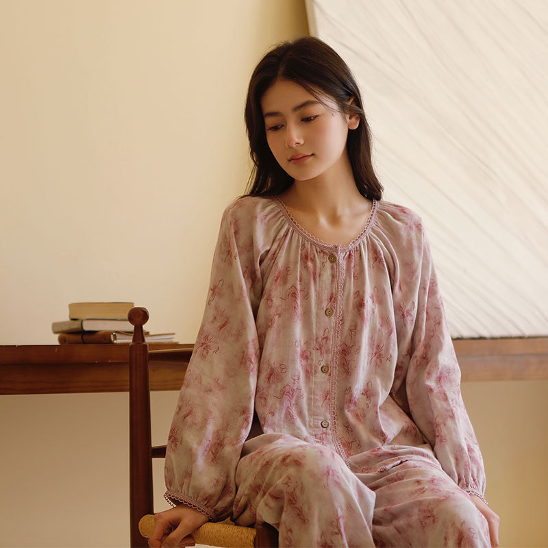 女款棉紗紫影印花長袖長褲睡衣套裝