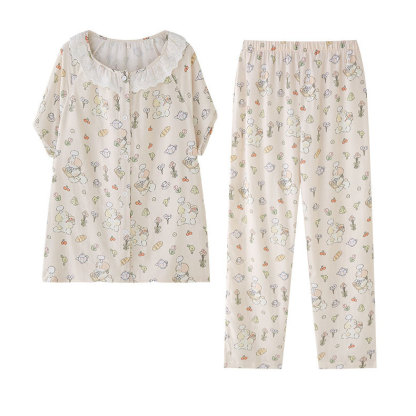 女款竹棉卡通印花圓領長袖睡衣套裝