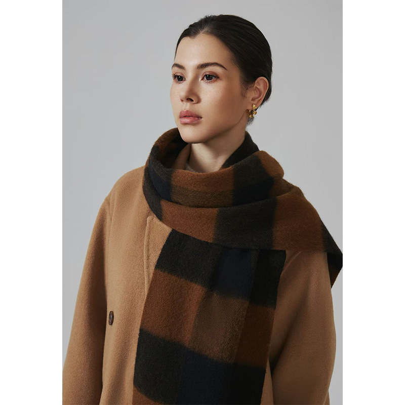 秋冬蓬鬆格子100%羊毛圍巾