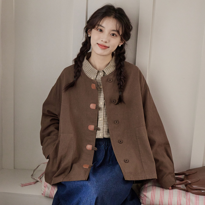 女士秋季日系復古盤口圓領外套
