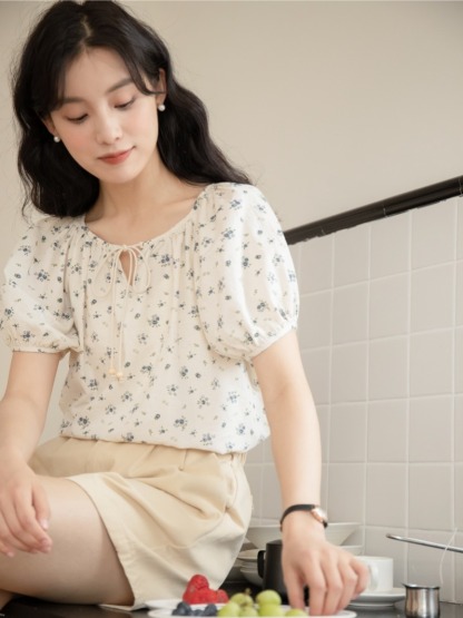 女半開領綁帶碎花短袖襯衣