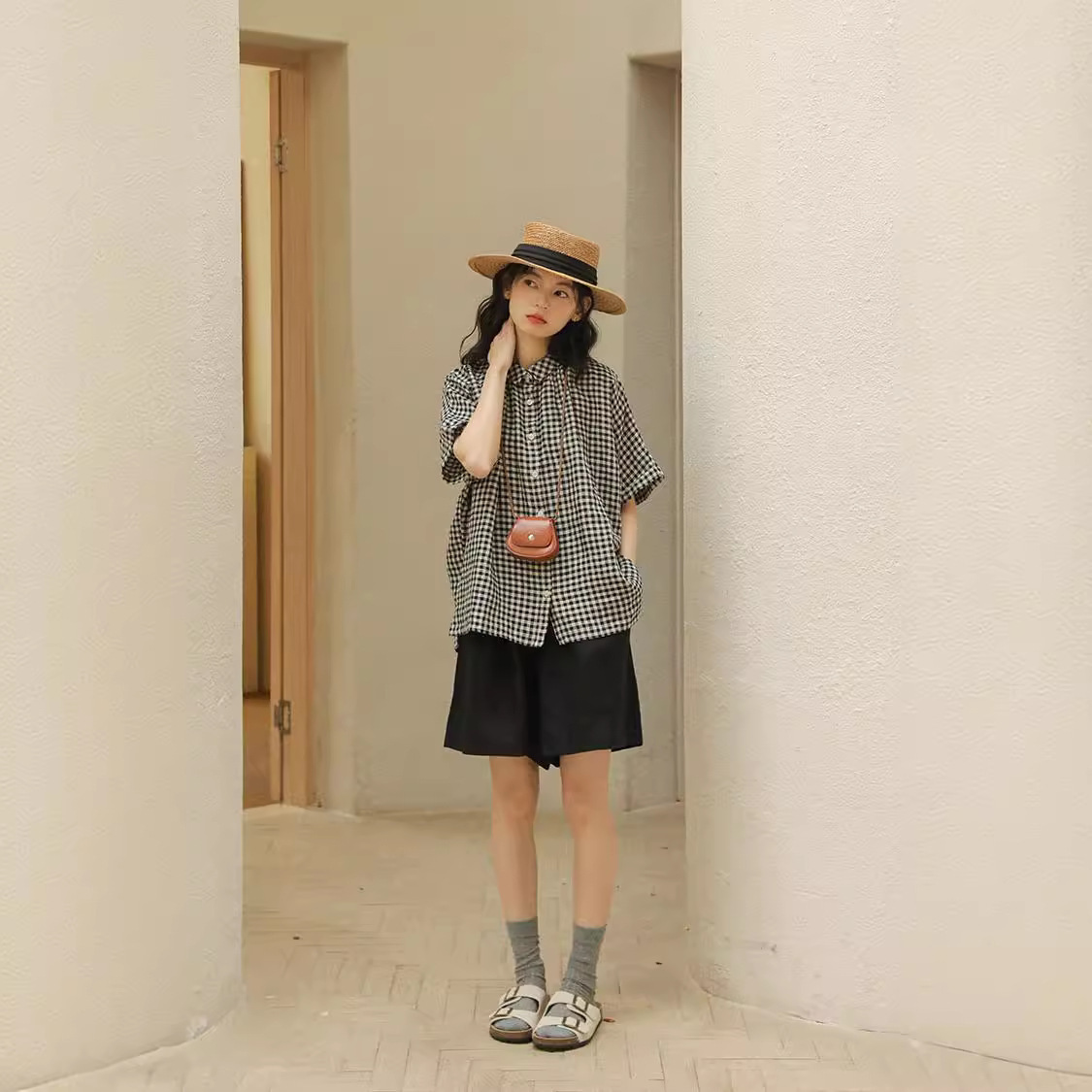 女棉麻高腰阔腿短褲