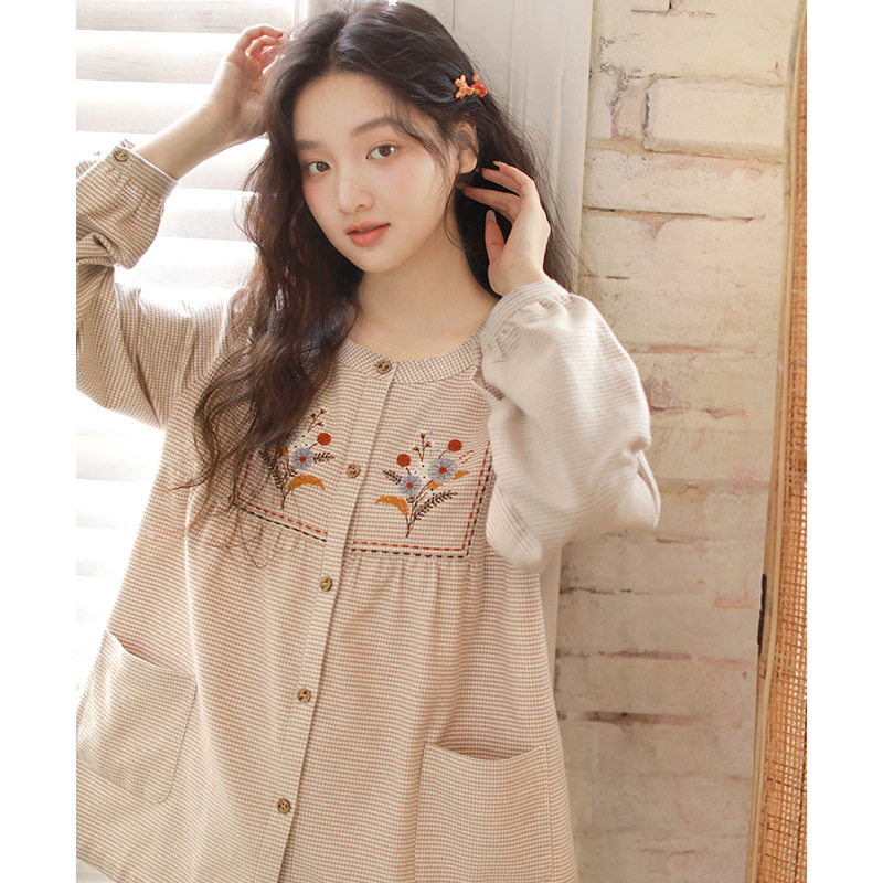 女士秋季純棉磨毛刺繡圓領長袖長褲居家服