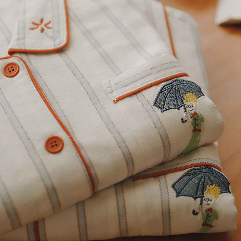 女士春秋純棉情侶條紋刺繡翻領長袖長褲居家服合集