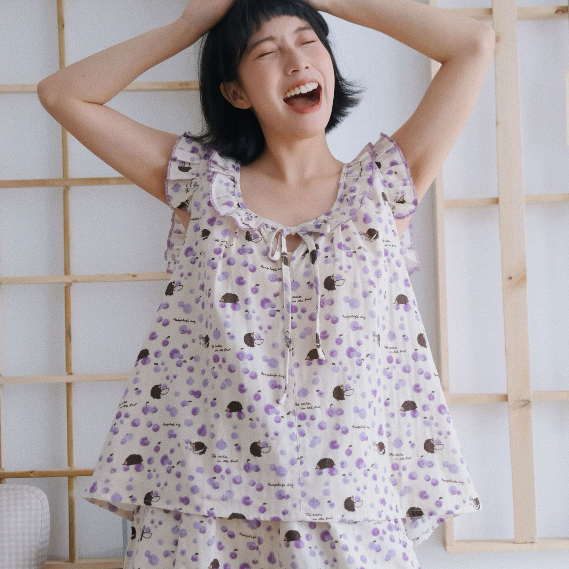 女士刺蝟純棉薄款花邊背心套裝睡衣