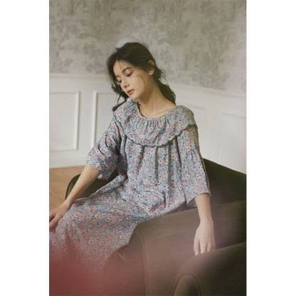 女士純棉雙層紗布廓版印花睡裙