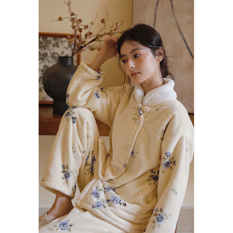 女士冬季古風印花立領睡衣套裝
