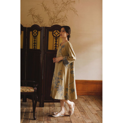  棉紗新中式斜襟古風玉蘭提花長袖睡裙