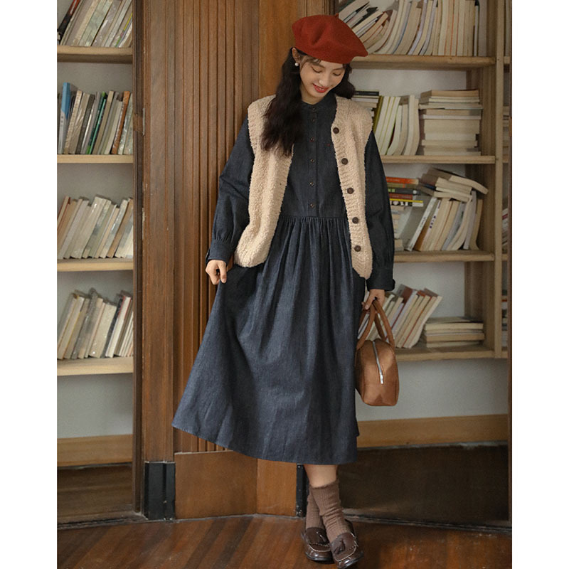 女士秋冬羊咩咩針織毛衣馬甲+長袖牛仔連衣裙