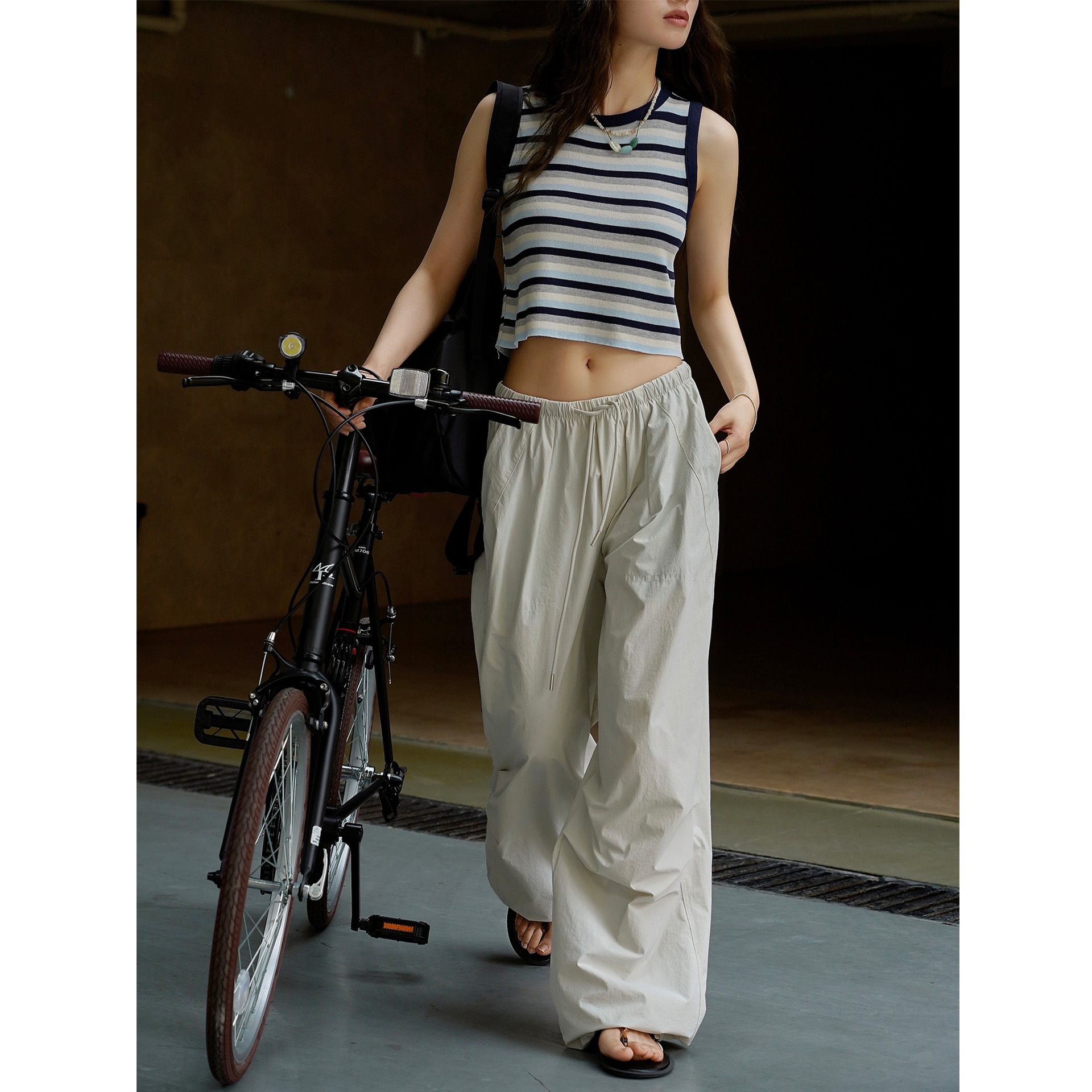 女夏街頭感高彈闊腿休閒褲