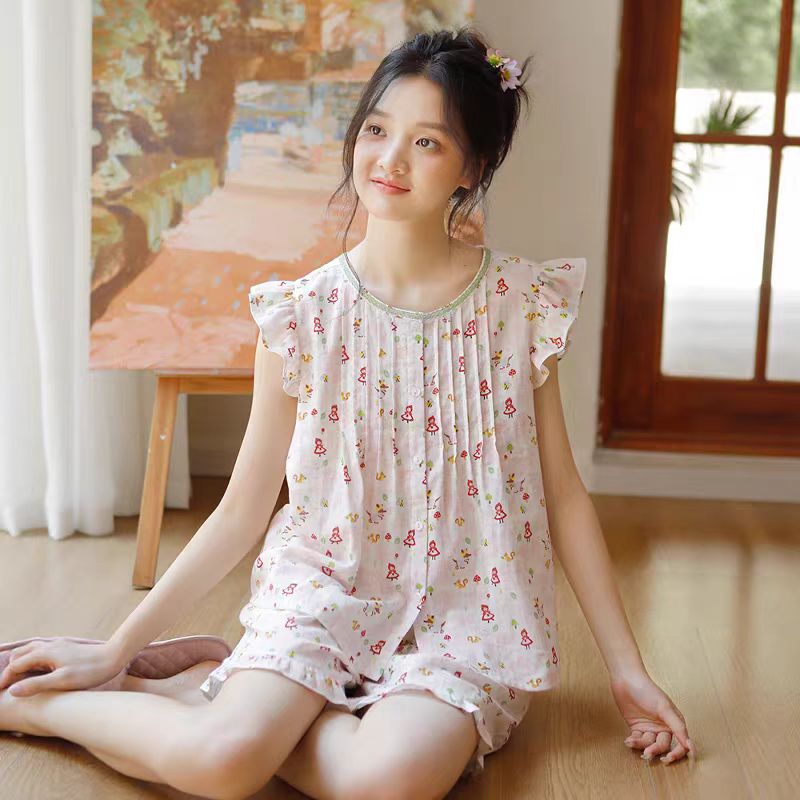 女款夏季碎花小飛袖無袖睡裙