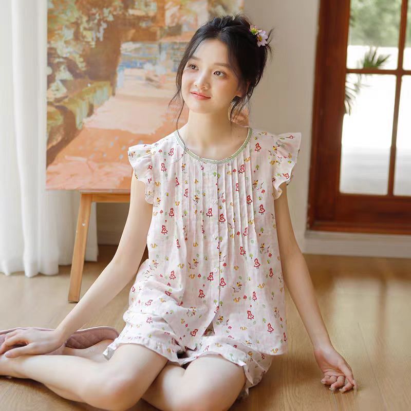 女款夏季碎花小飛袖無袖睡裙
