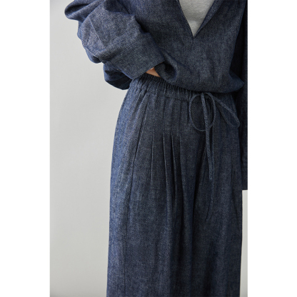 女士春秋亞麻棉牛仔假兩件套裝