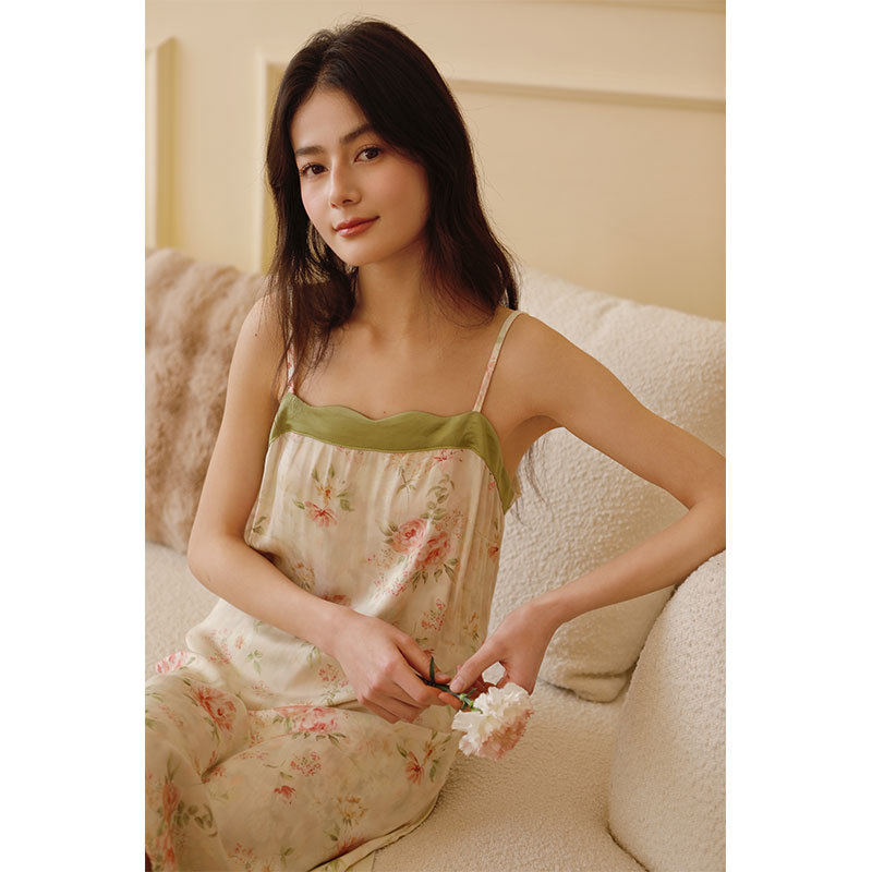 女夏貢緞芍藥粉印花撞色睡裙