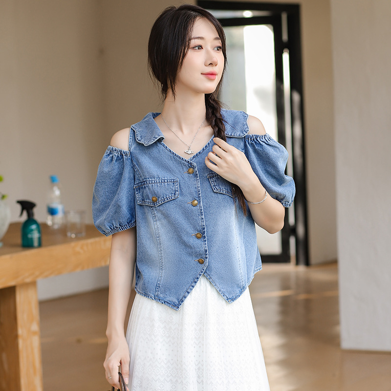 女夏露肩V領牛仔泡泡短袖襯衫