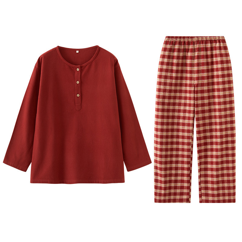 女士春秋純棉磨毛紅色圓領長袖長褲居家服