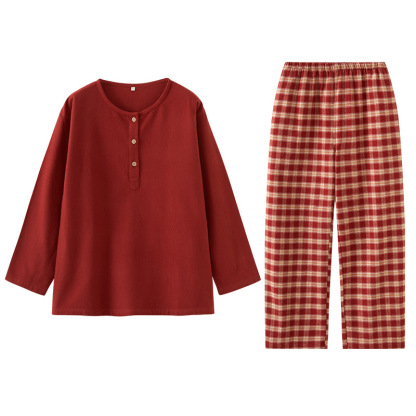 女士春秋純棉磨毛紅色圓領長袖長褲居家服