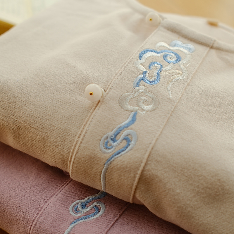 女士秋冬純棉磨毛祥雲刺繡長袖長褲居家服