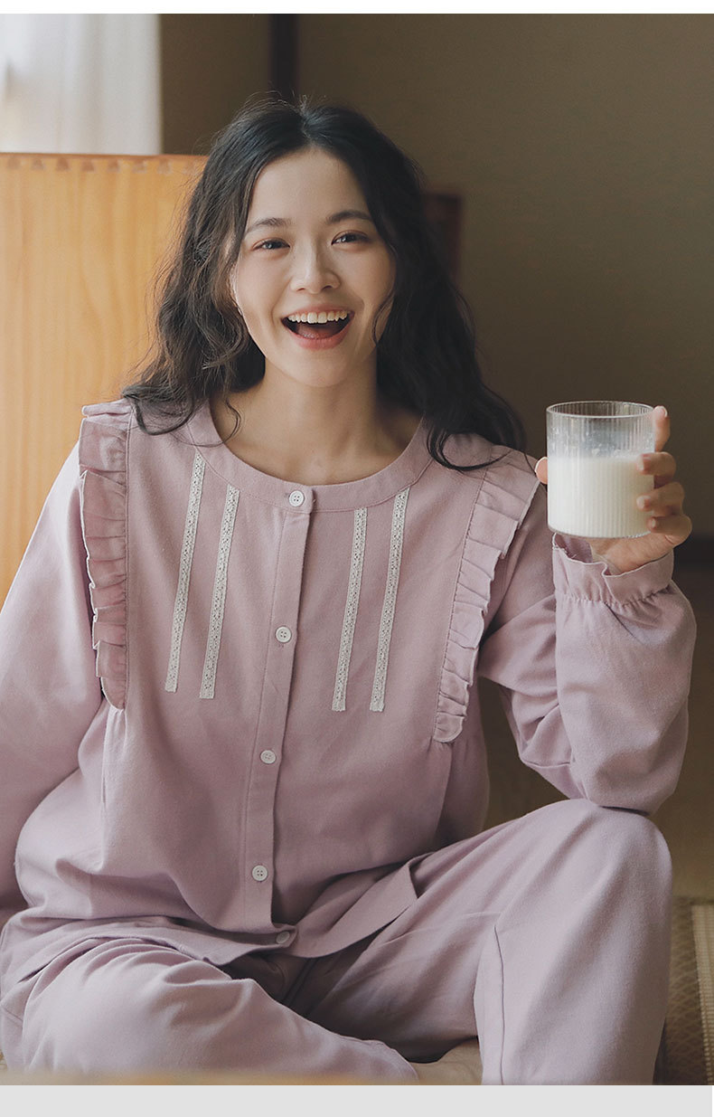 女士秋冬純棉磨毛花邊甜美圓領長袖長褲居家服