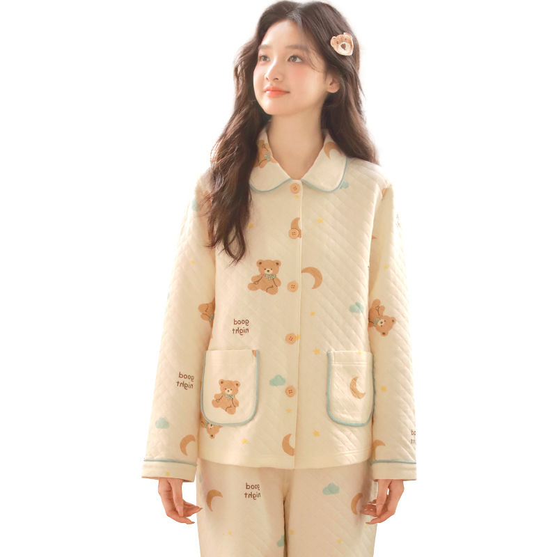 女春秋冬全棉夾棉小熊長袖家居服