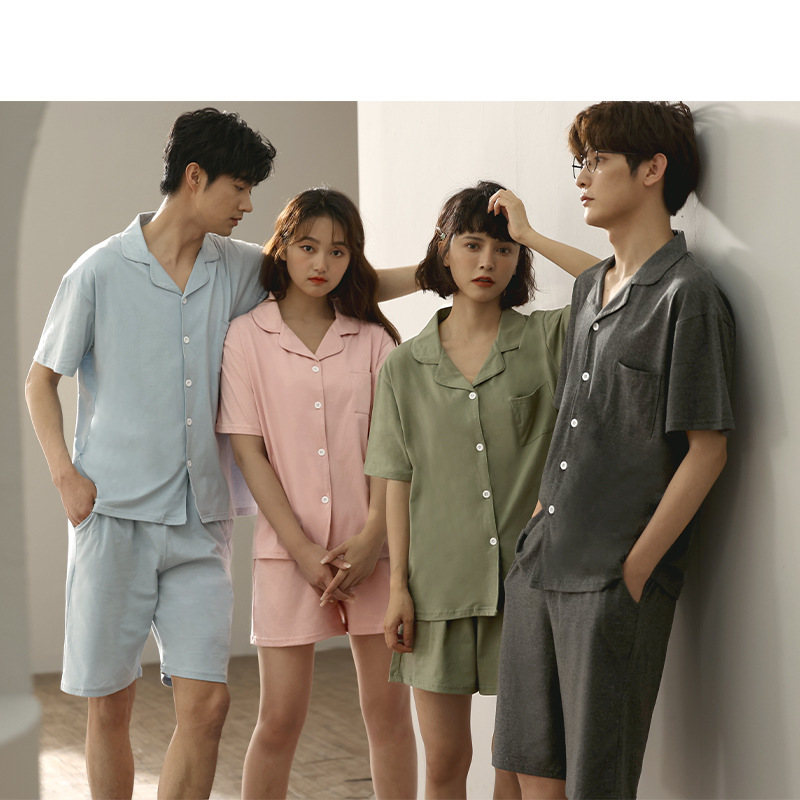 情侶款夏純棉短袖短褲開衫居家服