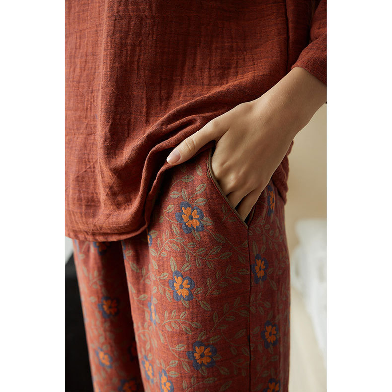 女士復古風拼色提花長袖睡衣家居服