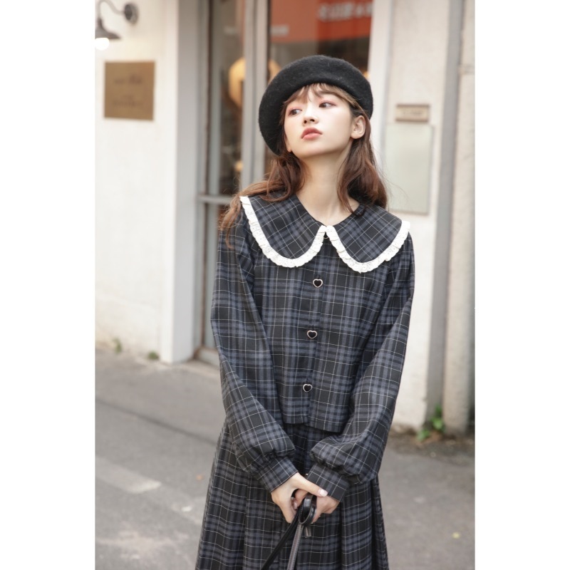 女春秋格紋長袖襯衫+百褶半身裙套裝