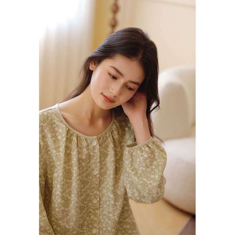女韓版天竹雙層紗布綠色印花睡衣套裝