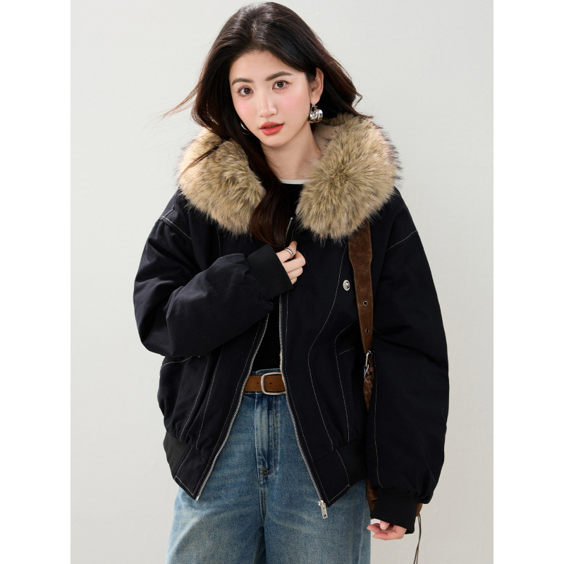 女士秋冬加厚明線設計保暖連帽毛領短款棉衣外套