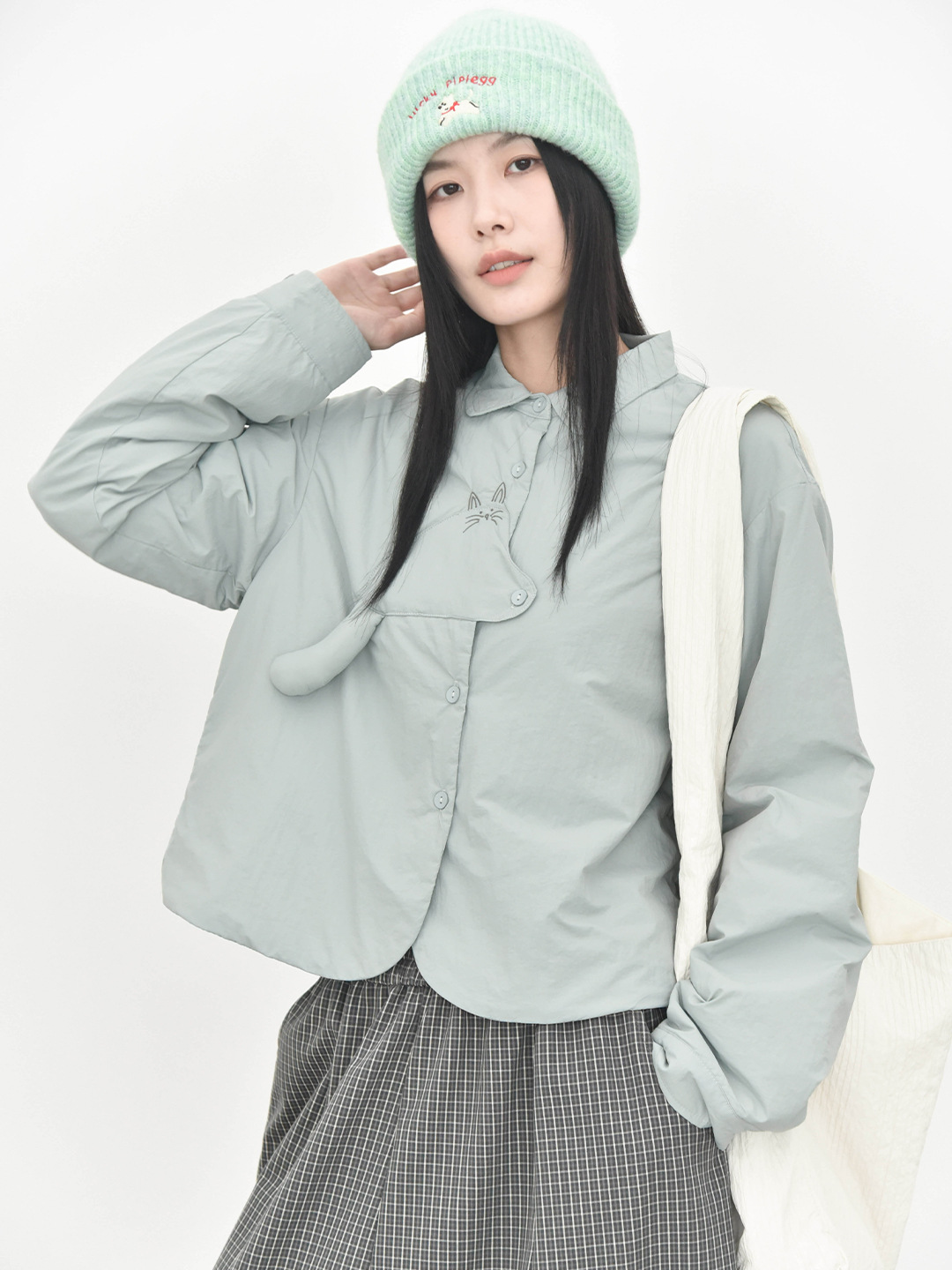 女士秋冬立體小貓尾巴充棉裝飾夾棉襯衫外套