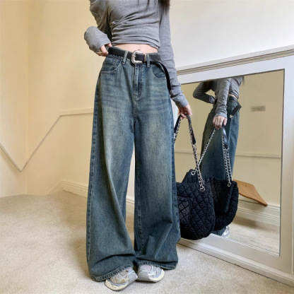 女士高腰直筒垂感拖地牛仔褲
