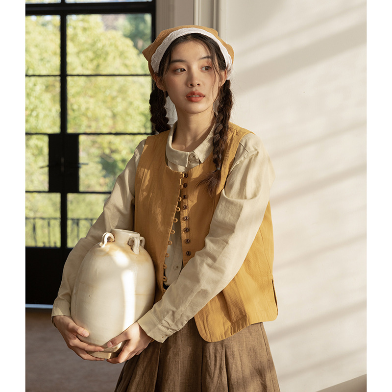 女士春秋復古多排扣短款黃色馬甲