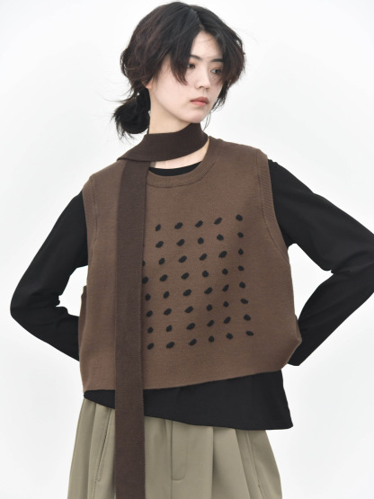 女士秋冬日式波點針織套頭馬甲