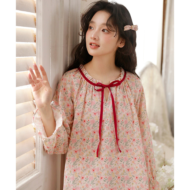 女春秋棉紗碎花九分袖居家服