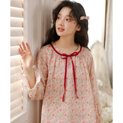 女春秋棉紗碎花九分袖居家服