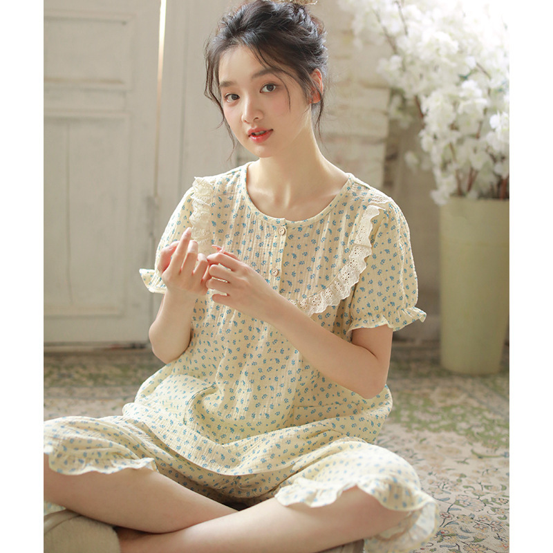 女款夏季藍色碎花花邊短袖中褲家居服