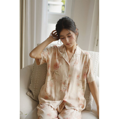 女士人棉貢緞愛麗絲玫瑰印花睡衣