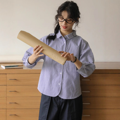 女士春秋翻領格子下擺圓弧長袖襯衫