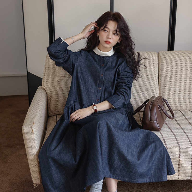 女士秋季森系圓領寬鬆牛仔連衣裙