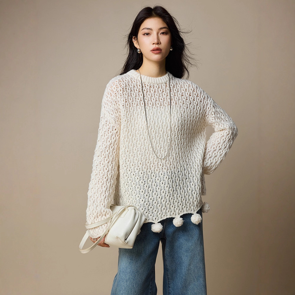 女士春秋100羊毛鏤空針織毛衣