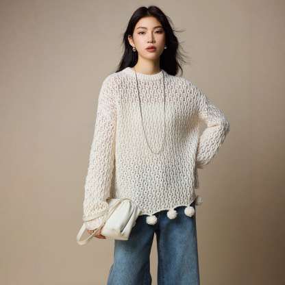 女士春秋100羊毛鏤空針織毛衣