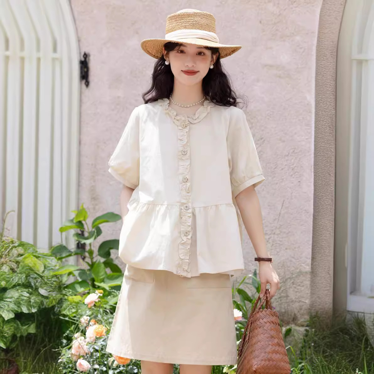 夏拼接木耳邊圓領短袖襯衣