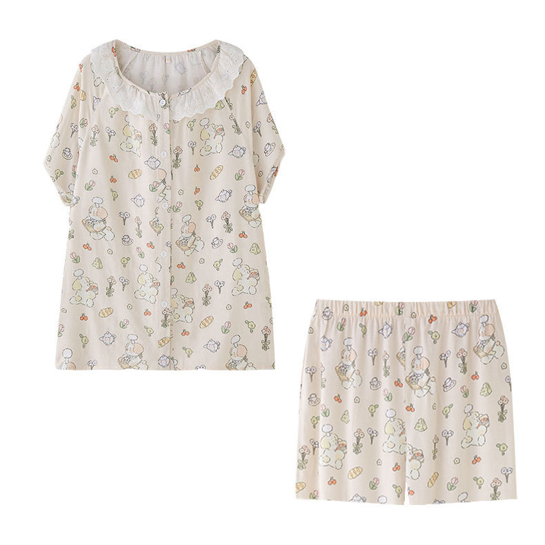 女款竹棉卡通印花圓領長袖睡衣套裝