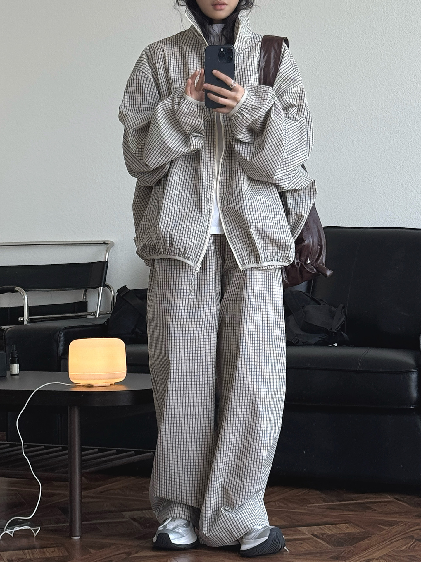 女夏細格紋寬鬆闊腿長褲