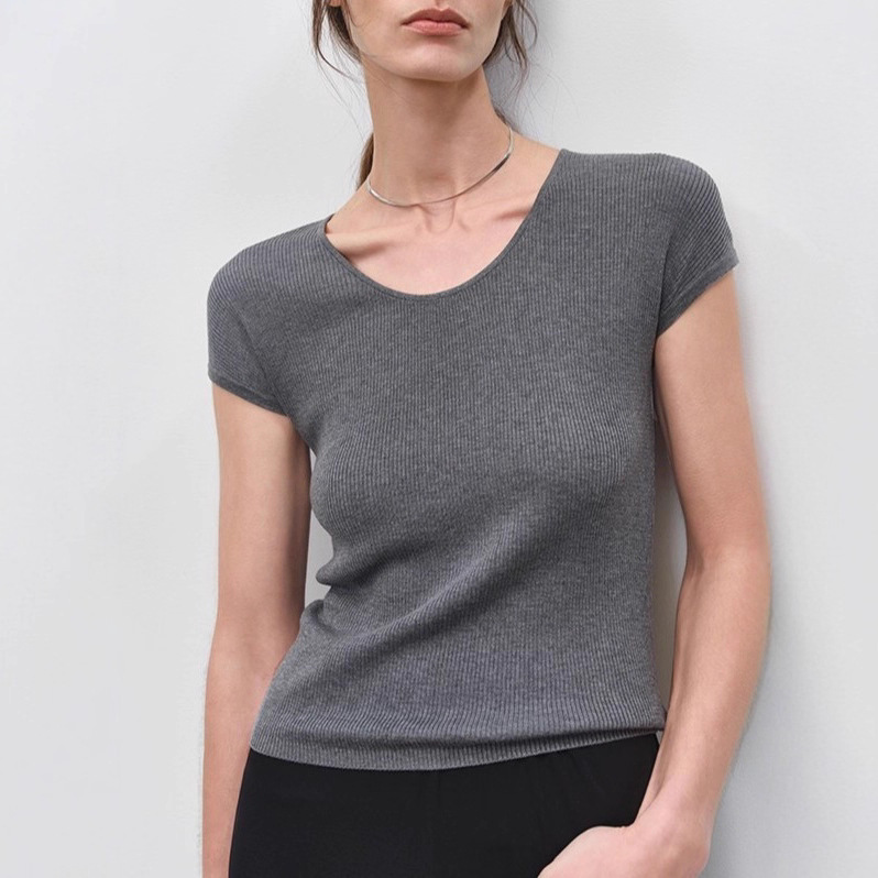 女醋酸天絲U領坑條高彈短袖T恤