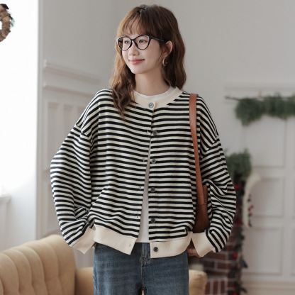 女士春秋條紋短款圓領開衫衛衣