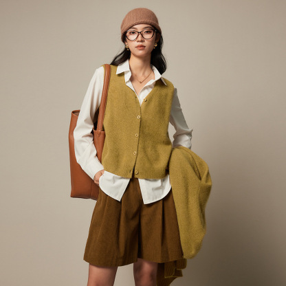 女士秋冬浣熊絨單排扣針織馬甲