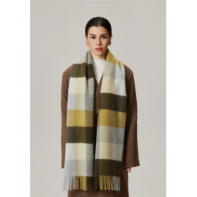 秋冬蓬鬆格子100%羊毛圍巾