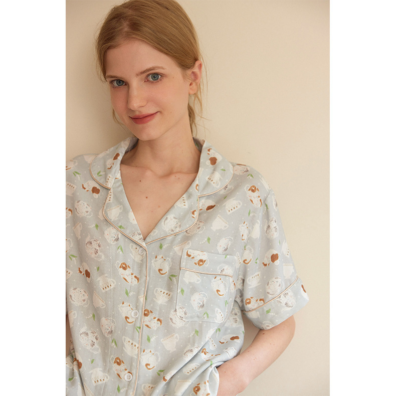 女士竹棉紗萌貓印花短袖短褲睡衣套裝