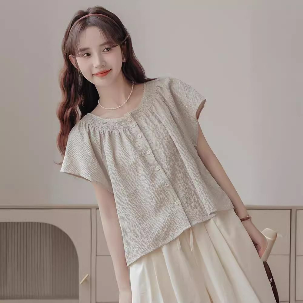 女夏花邊圓領無袖襯衣